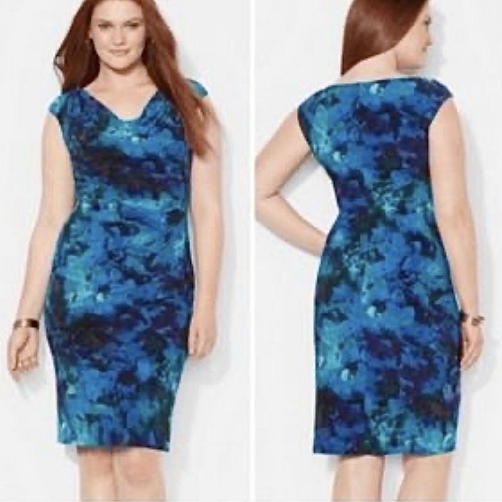 Ralph Lauren Blue Floral Cowl Neck Ruched Sleeveless Dress Size 8